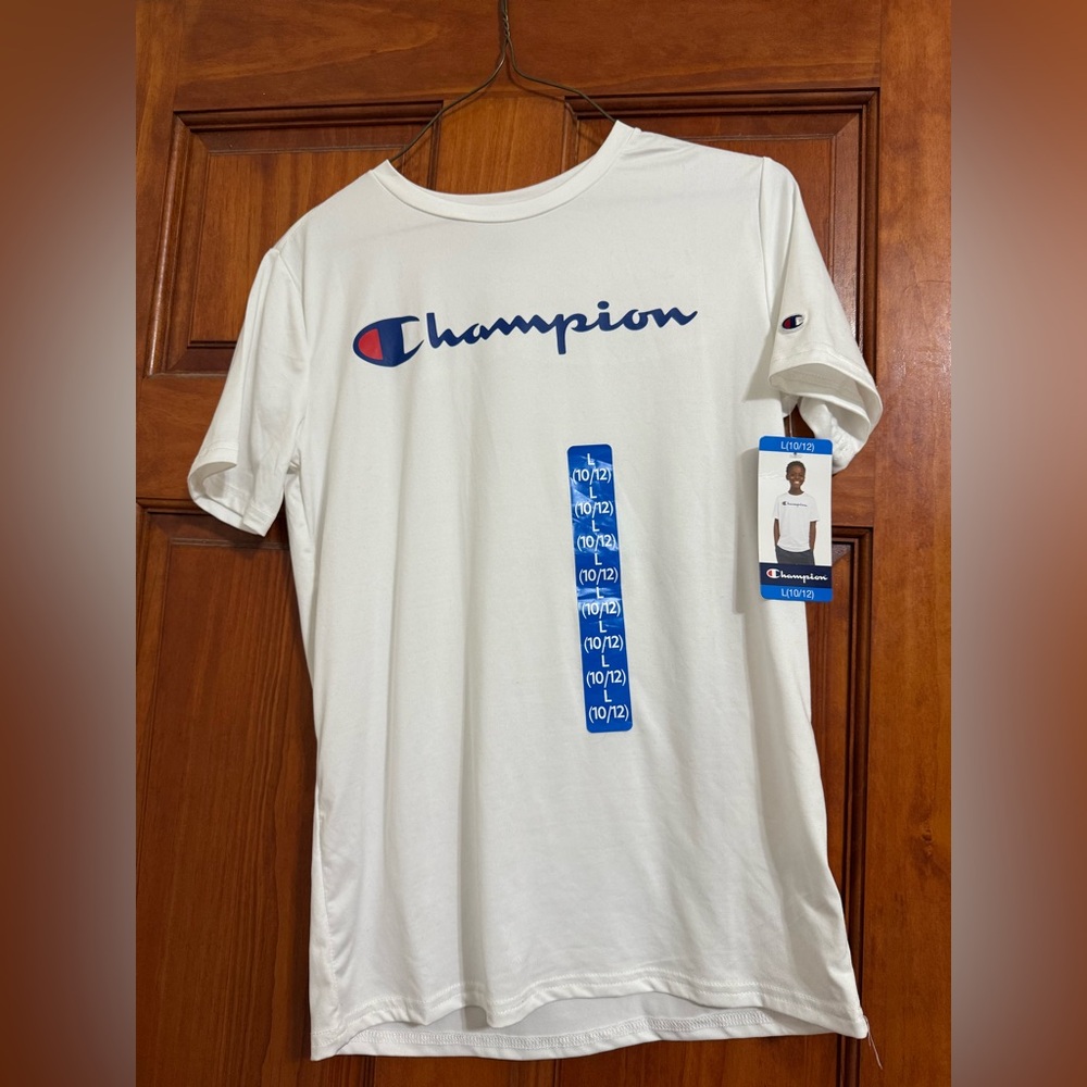Champion White Tee with Blue Logo